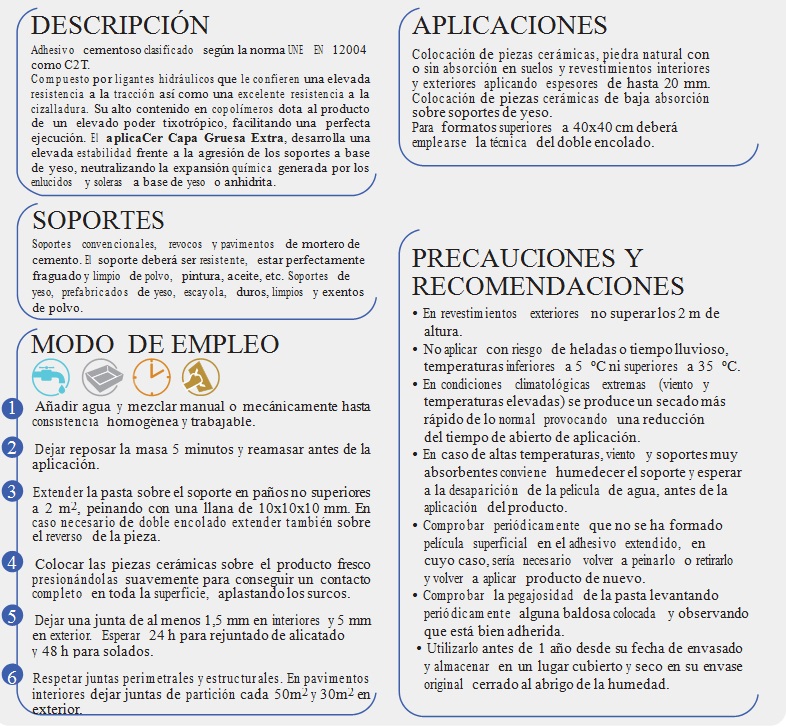 Cemento Cola/Adhesivo cementoso alta adherencia, aplicaCer Capa Gruesa Extra C2T