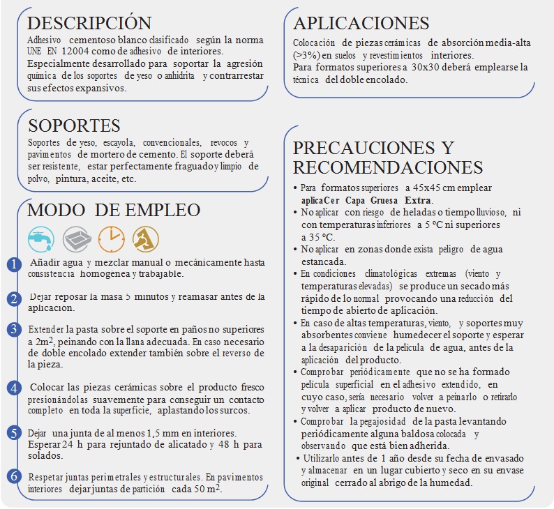 Cemento Cola/Adhesivo cementoso de interiores, aplicaCer Especial Yeso CE